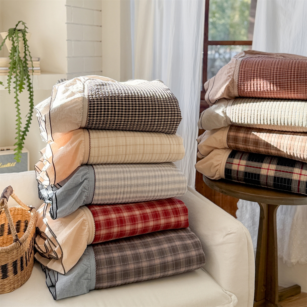 91家纺网 家纺一手货源 找家纺 乐野家居 2026新款全棉色织水洗棉格致系列-单床盖 组合