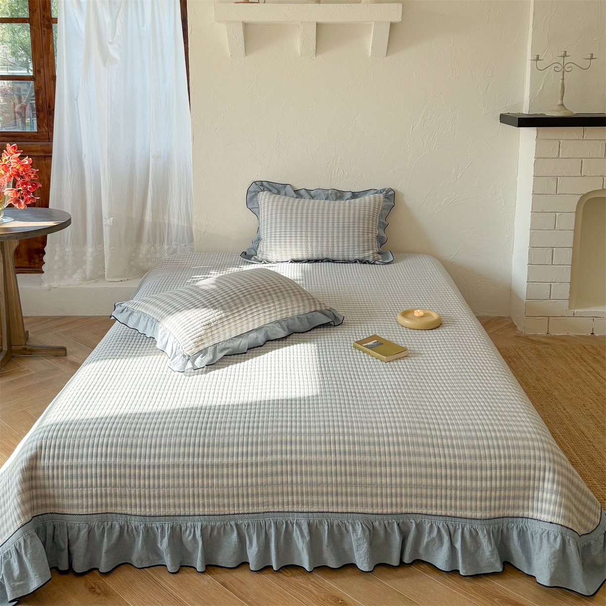 91家纺网 家纺一手货源 找家纺 乐野家居 2026新款全棉色织水洗棉格致系列-单床盖 格致-海盐细格