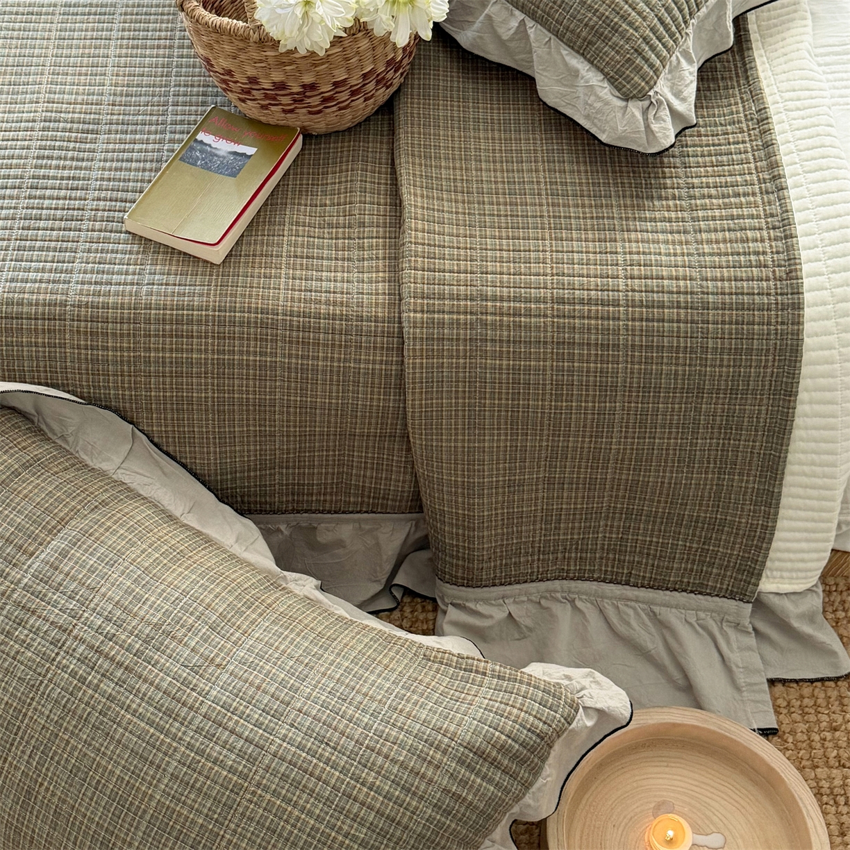 91家纺网 家纺一手货源 找家纺 乐野家居 2026新款全棉色织水洗棉格致系列-单床盖 格致-墨禾绿格