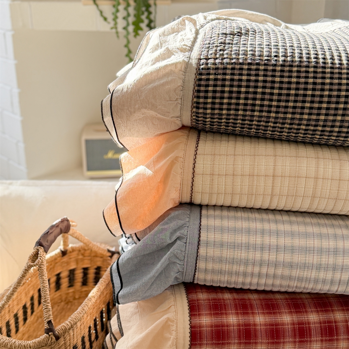 91家纺网 家纺一手货源 找家纺 乐野家居 2026新款全棉色织水洗棉格致系列-单床盖 组合