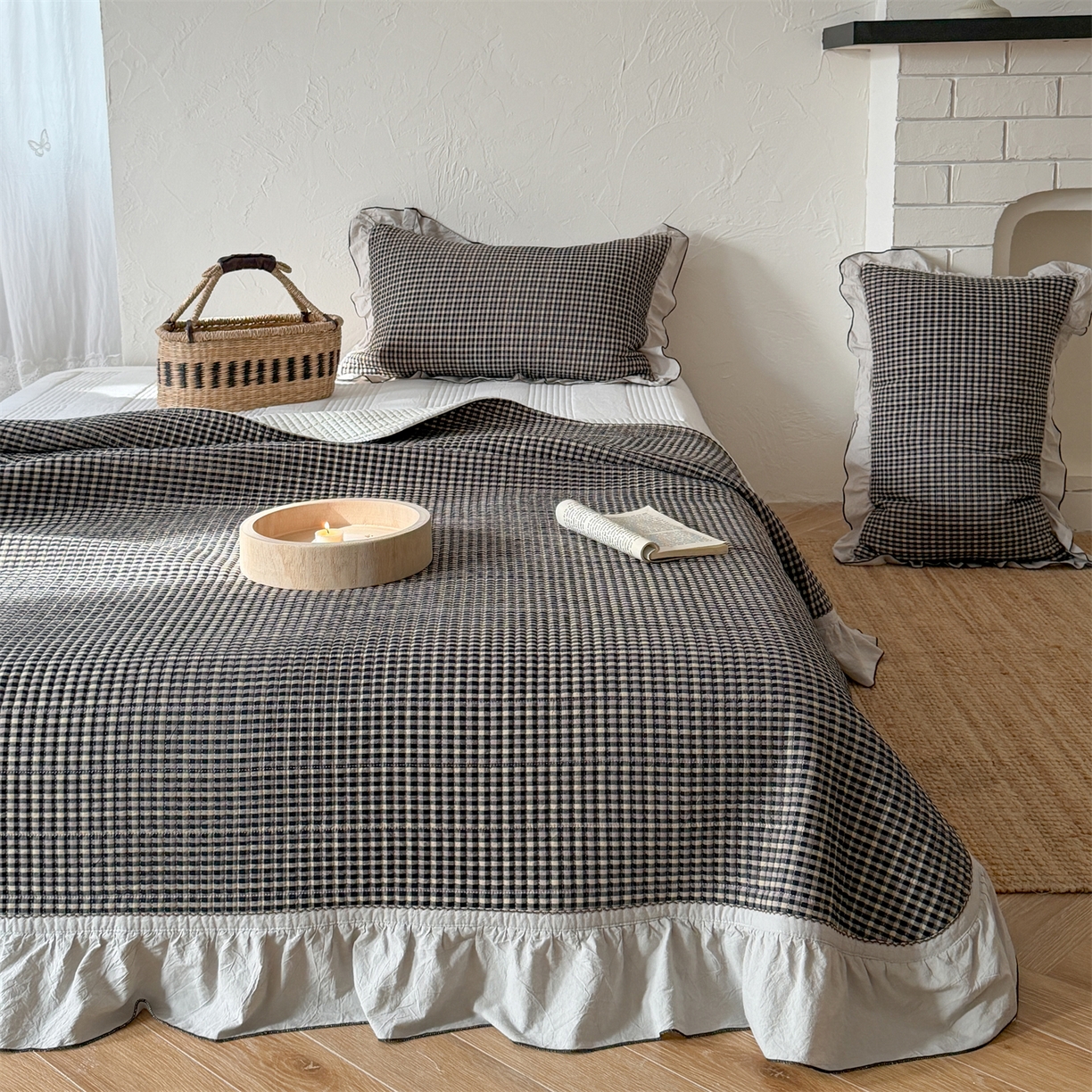 91家纺网 家纺一手货源 找家纺 乐野家居 2026新款全棉色织水洗棉格致系列-单床盖 格致-奥利奥