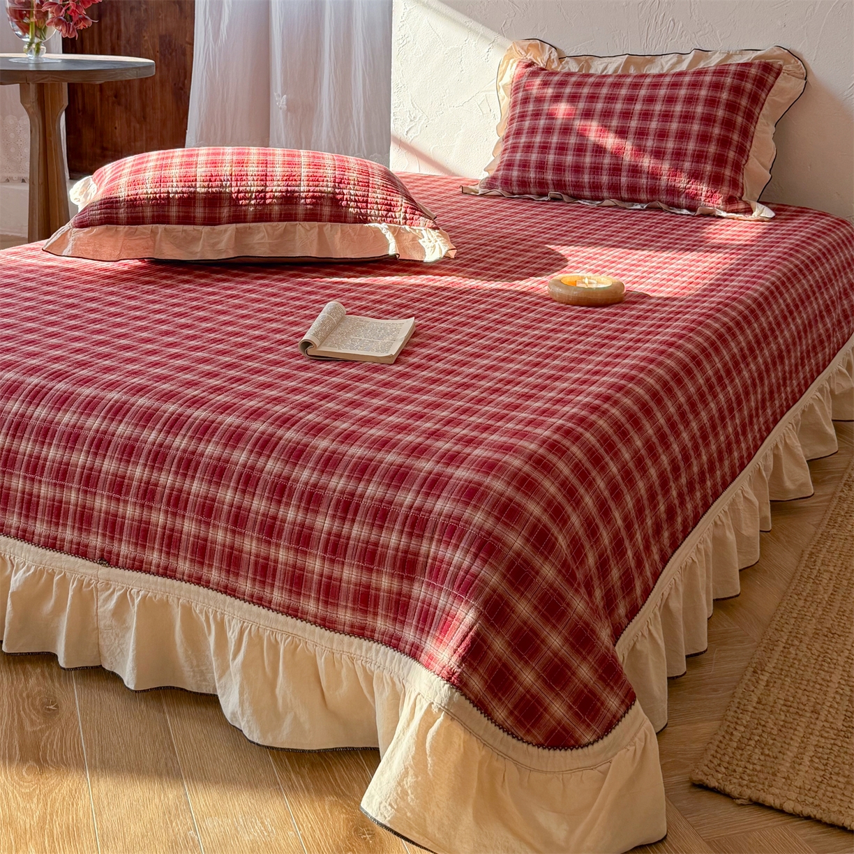 乐野家居 2026新款全棉色织水洗棉格致系列-单床盖 格致-新年红格