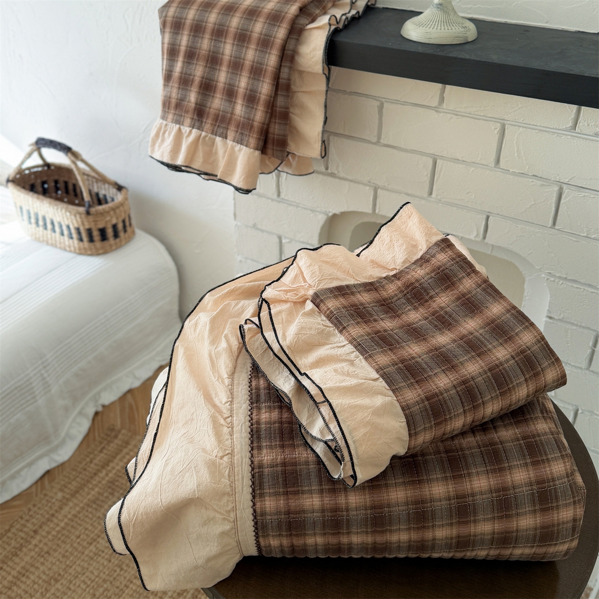 91家纺网 家纺一手货源 找家纺 乐野家居 2026新款全棉色织水洗棉格致系列-单床盖 格致-南法棕格