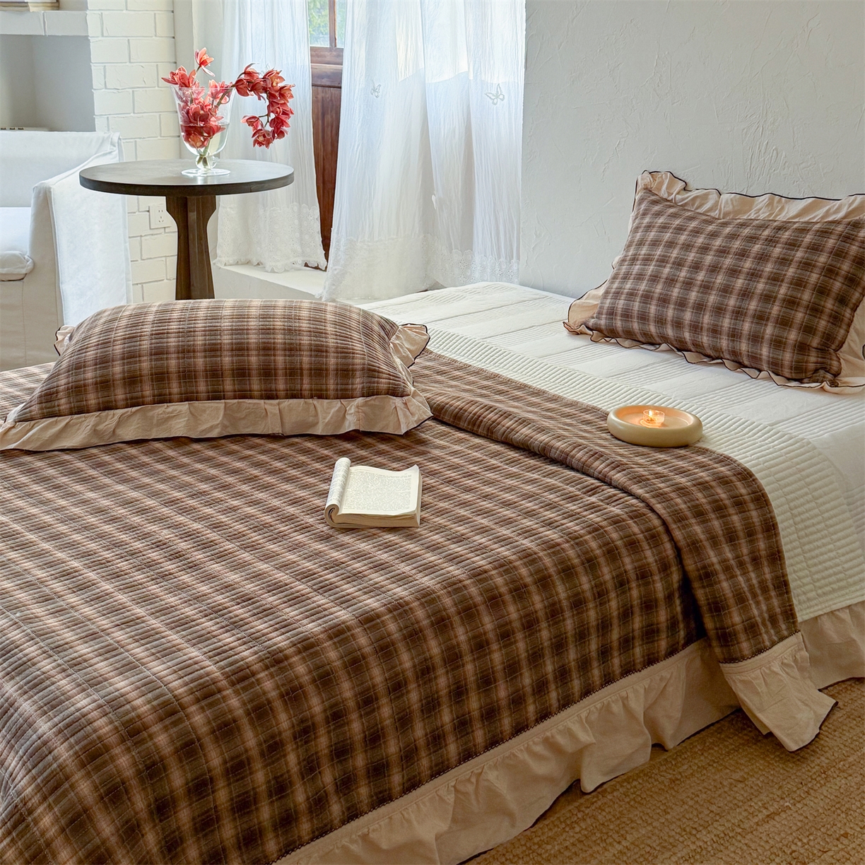 91家纺网 家纺一手货源 找家纺 乐野家居 2026新款全棉色织水洗棉格致系列-单床盖 格致-南法棕格