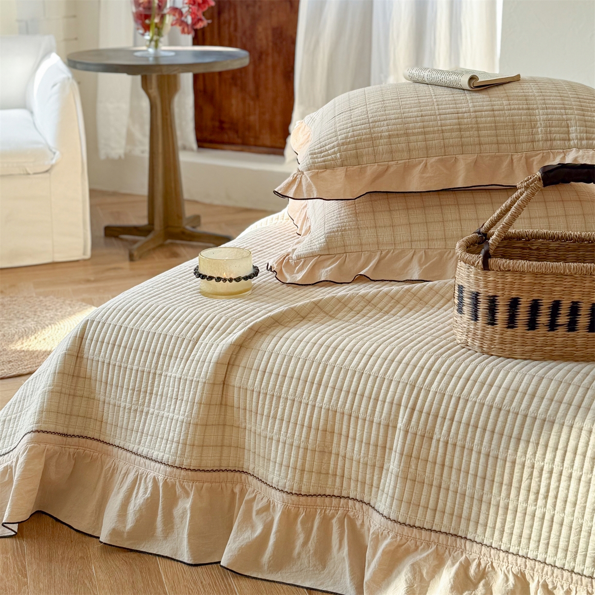 91家纺网 家纺一手货源 找家纺 乐野家居 2026新款全棉色织水洗棉格致系列-单床盖 格致-芝士奶格