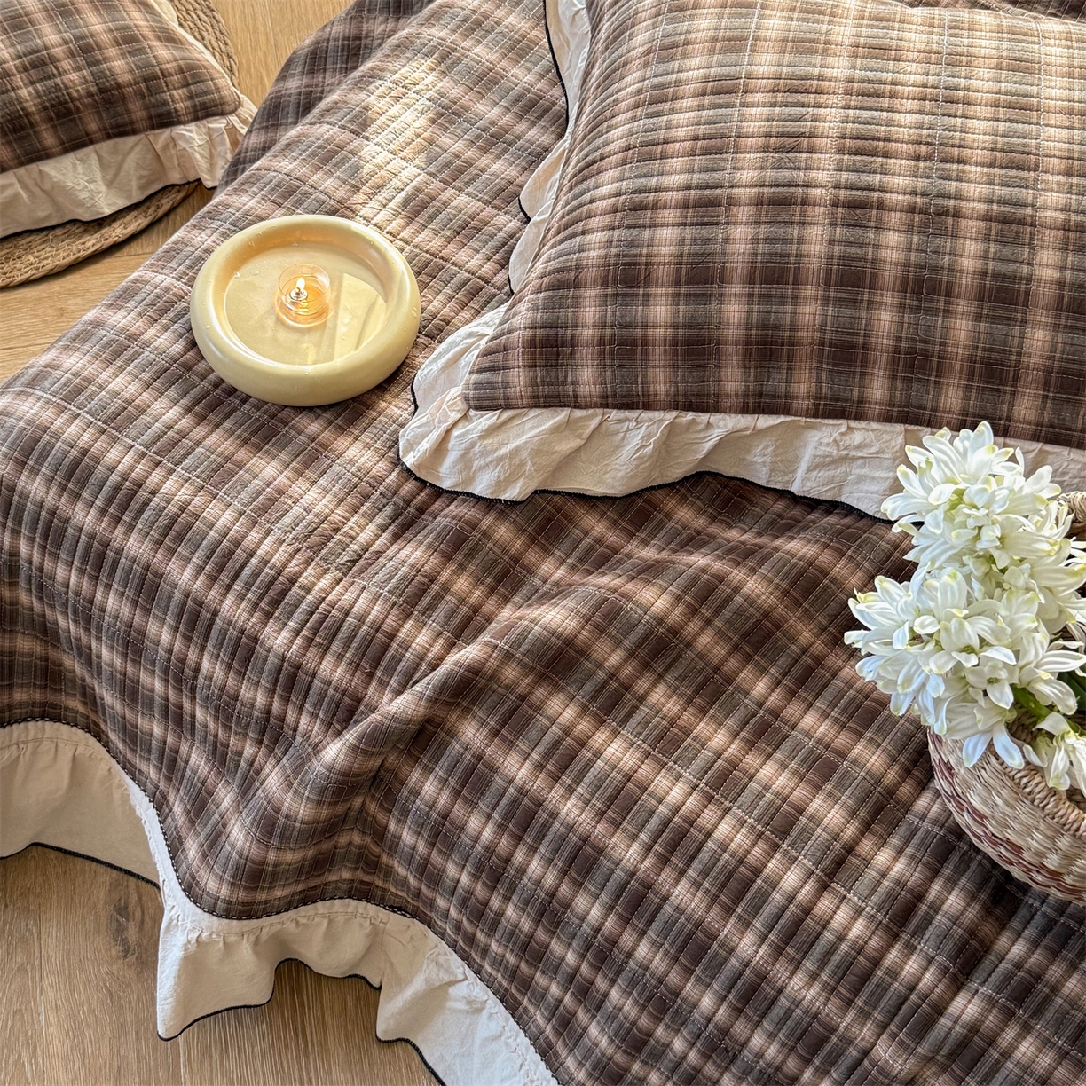 91家纺网 家纺一手货源 找家纺 乐野家居 2026新款全棉色织水洗棉格致系列-单床盖 格致-南法棕格