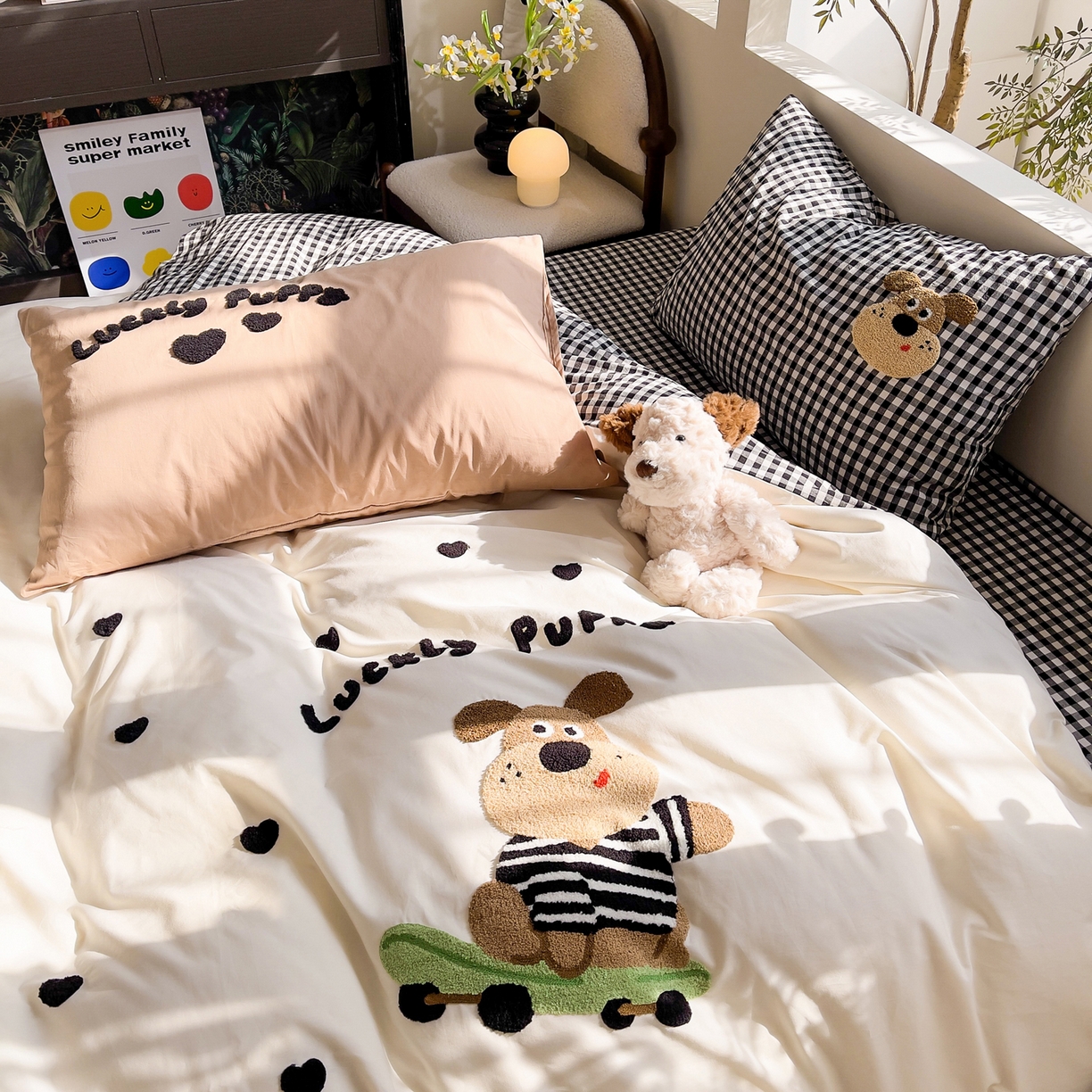 91家纺网 家纺一手货源 找家纺 炫拼家纺 2026新款卡通满版毛巾绣A类全棉40支水洗棉四件套-星辰系列 星辰-滑板狗