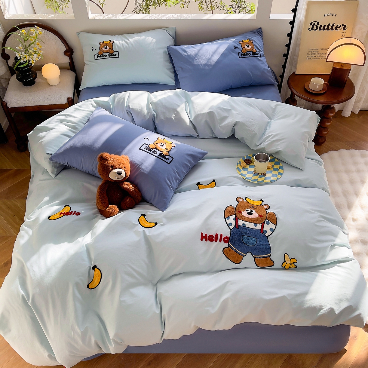 91家纺网 家纺一手货源 找家纺 炫拼家纺 2026新款卡通满版毛巾绣A类全棉40支水洗棉四件套-星辰系列 星辰-香蕉熊