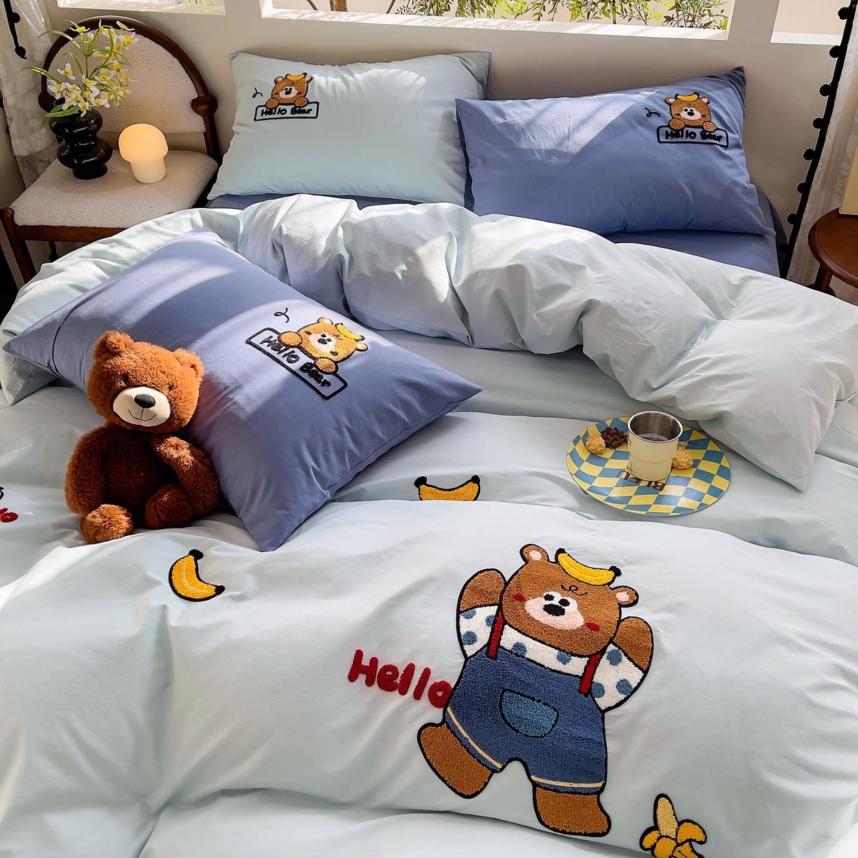 91家纺网 家纺一手货源 找家纺 炫拼家纺 2026新款卡通满版毛巾绣A类全棉40支水洗棉四件套-星辰系列 星辰-香蕉熊