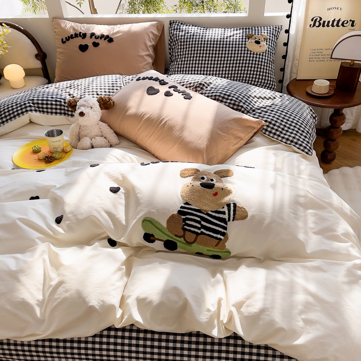 91家纺网 家纺一手货源 找家纺 炫拼家纺 2026新款卡通满版毛巾绣A类全棉40支水洗棉四件套-星辰系列 星辰-滑板狗