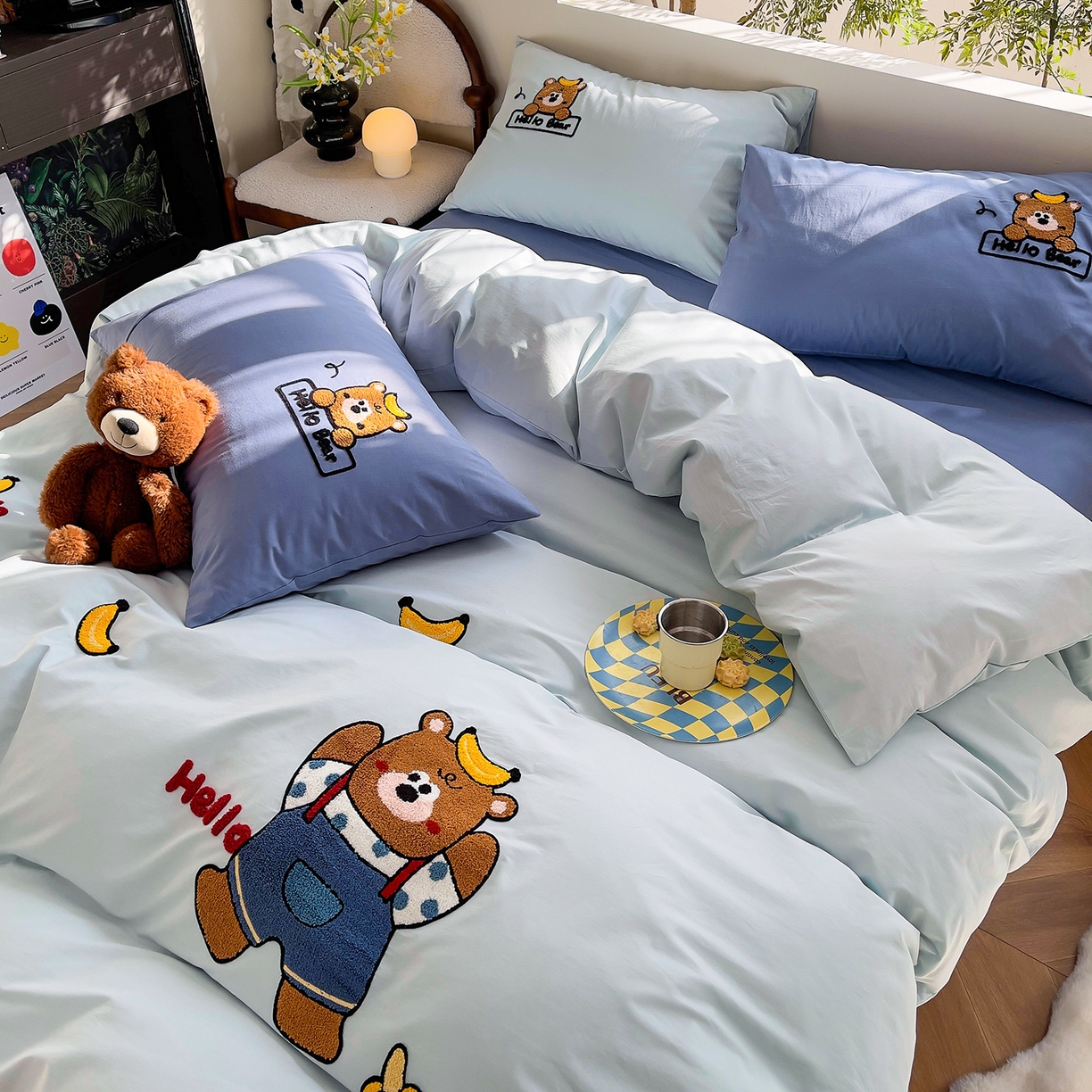 91家纺网 家纺一手货源 找家纺 炫拼家纺 2026新款卡通满版毛巾绣A类全棉40支水洗棉四件套-星辰系列 星辰-香蕉熊