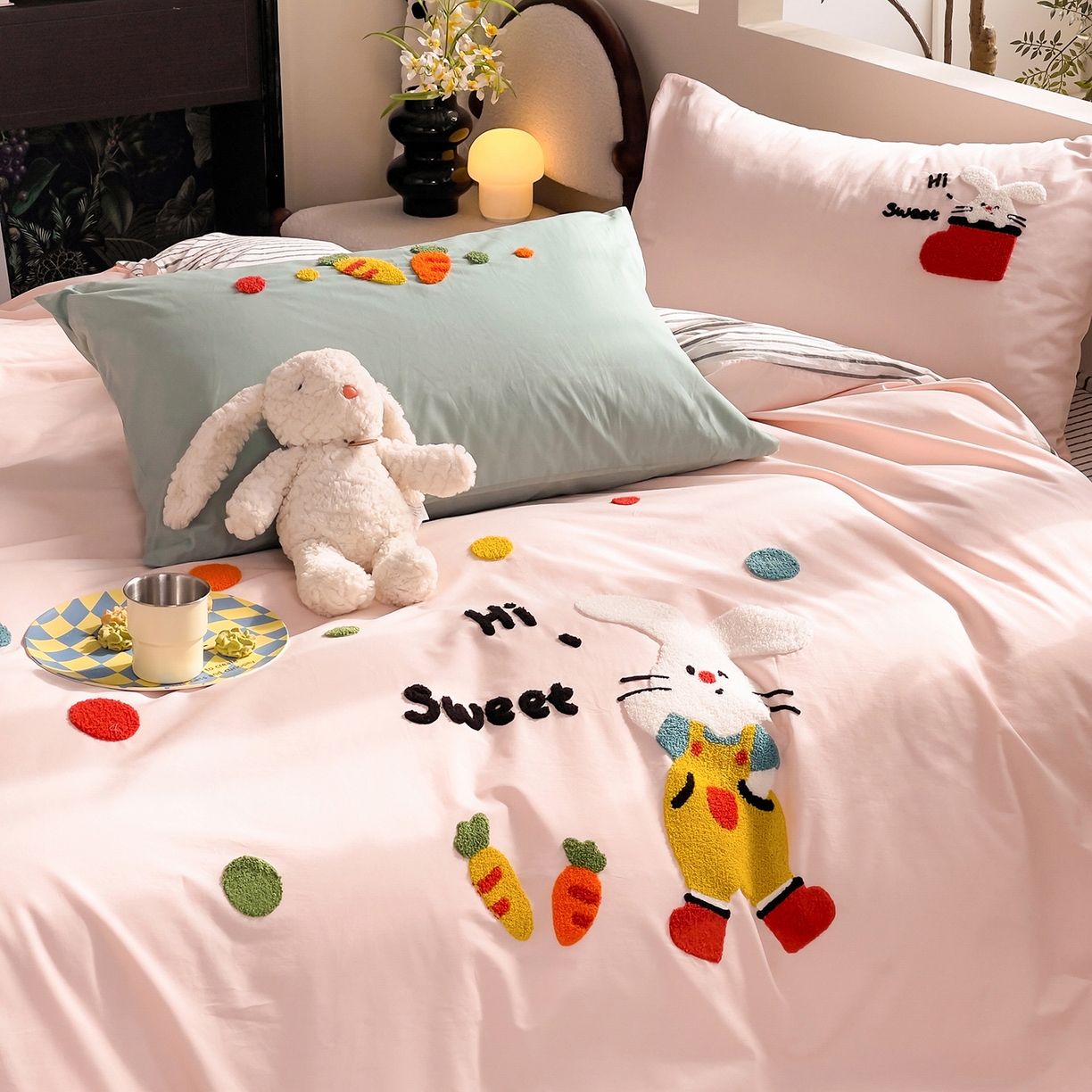 91家纺网 家纺一手货源 找家纺 炫拼家纺 2026新款卡通满版毛巾绣A类全棉40支水洗棉四件套-星辰系列 星辰-波点兔