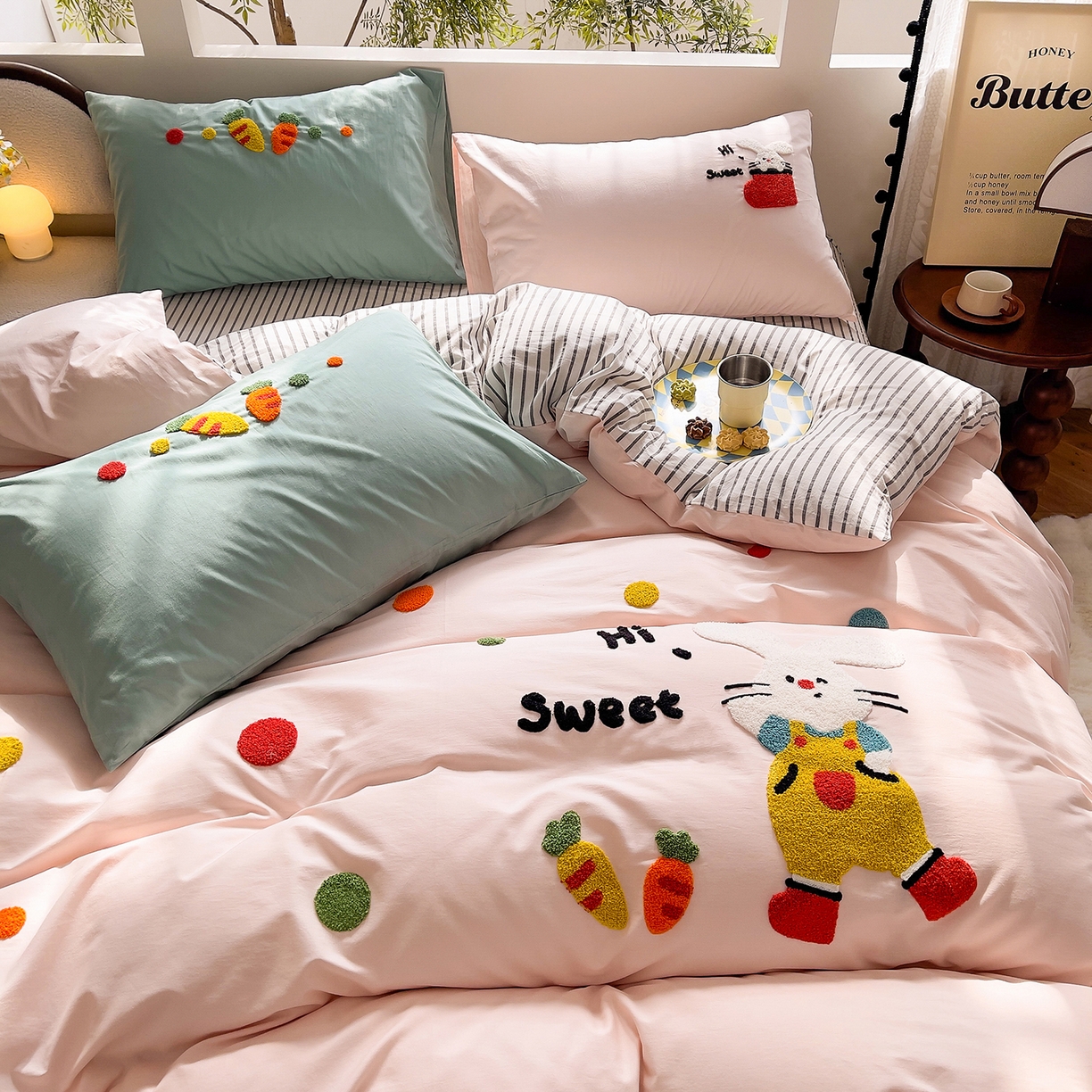 91家纺网 家纺一手货源 找家纺 炫拼家纺 2026新款卡通满版毛巾绣A类全棉40支水洗棉四件套-星辰系列 星辰-波点兔