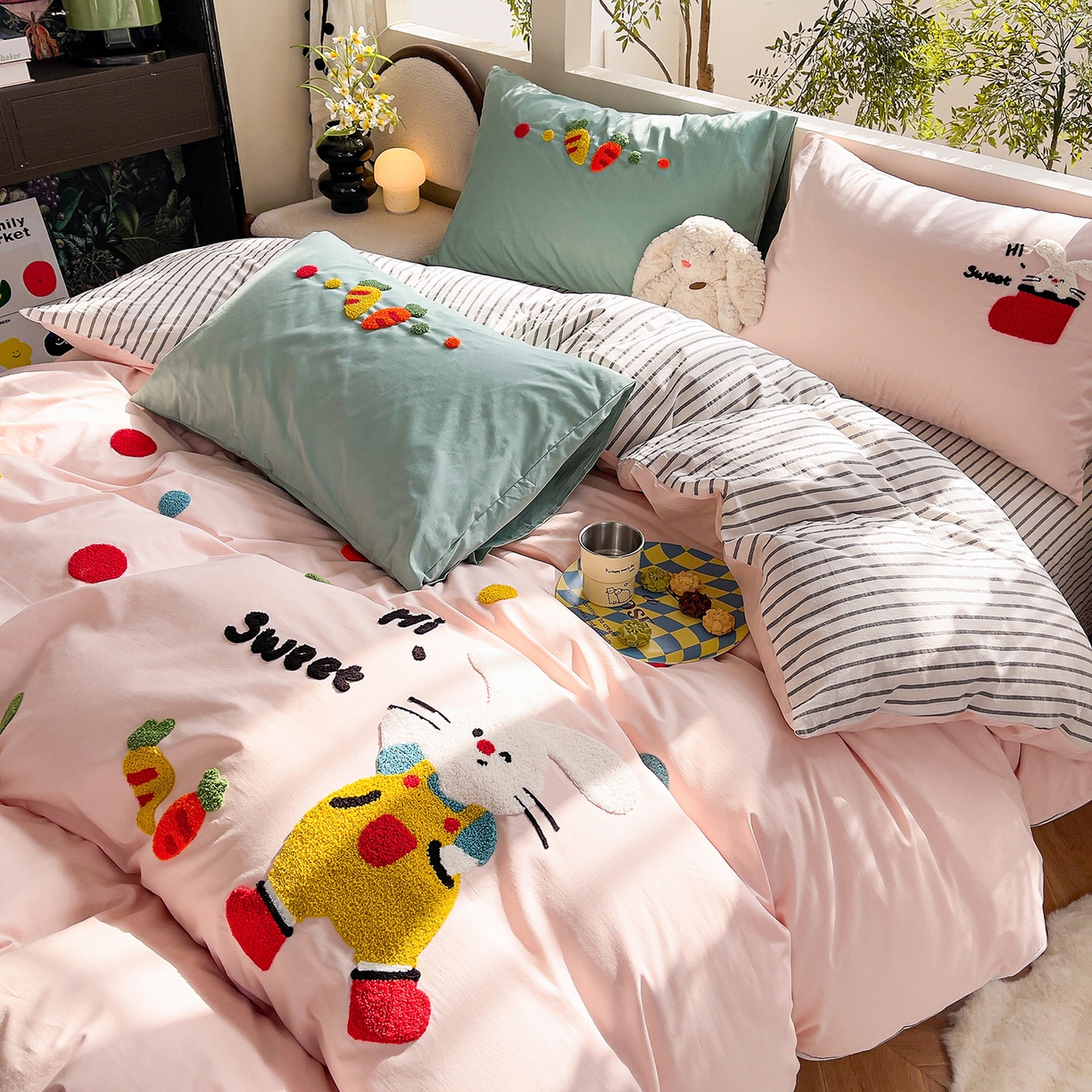 91家纺网 家纺一手货源 找家纺 炫拼家纺 2026新款卡通满版毛巾绣A类全棉40支水洗棉四件套-星辰系列 星辰-波点兔