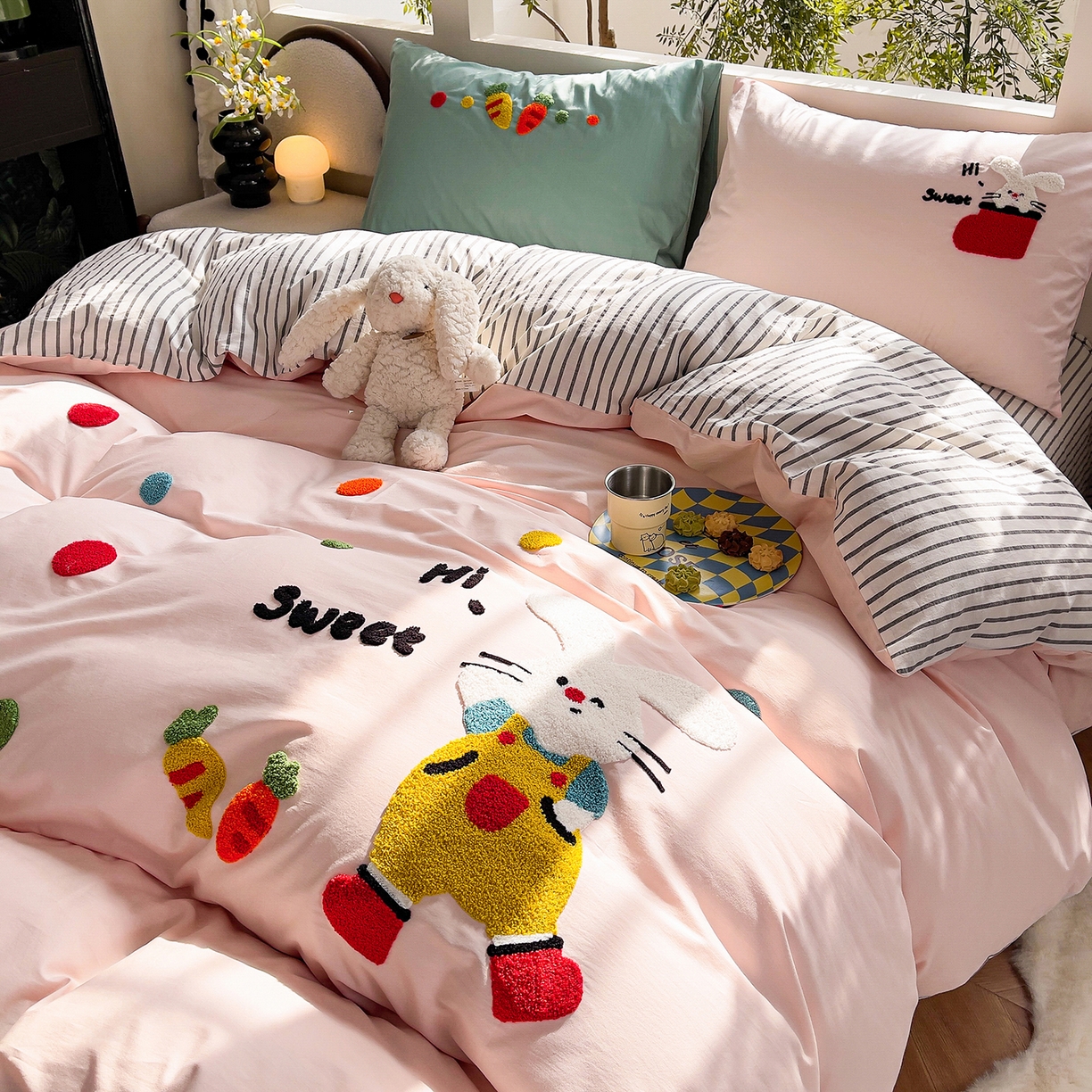 91家纺网 家纺一手货源 找家纺 炫拼家纺 2026新款卡通满版毛巾绣A类全棉40支水洗棉四件套-星辰系列 星辰-波点兔