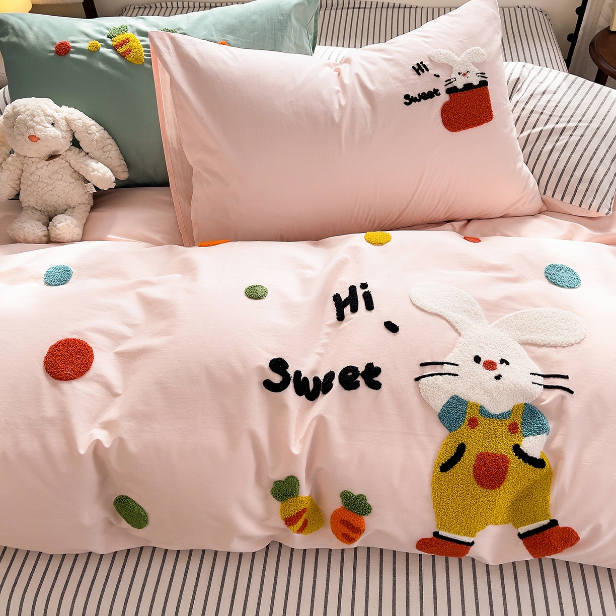 炫拼家纺 2026新款卡通满版毛巾绣A类全棉40支水洗棉四件套-星辰系列 星辰-波点兔