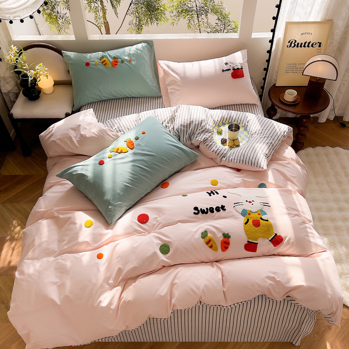 91家纺网 家纺一手货源 找家纺 炫拼家纺 2026新款卡通满版毛巾绣A类全棉40支水洗棉四件套-星辰系列 星辰-波点兔