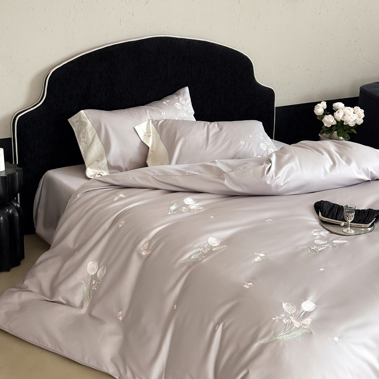 鹿班家居 2026春季新品100S长绒棉精密刺绣系列四件套-悦己如花（标准会员-20元) 悦己如花-紫色