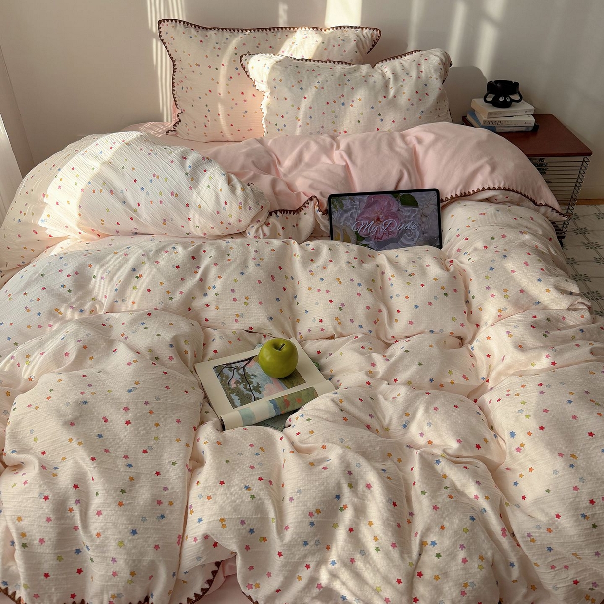 91家纺网 家纺一手货源 找家纺 （总）轻奢坊 2026新款三角针双层纱皱皱纱韩系清新风四件套