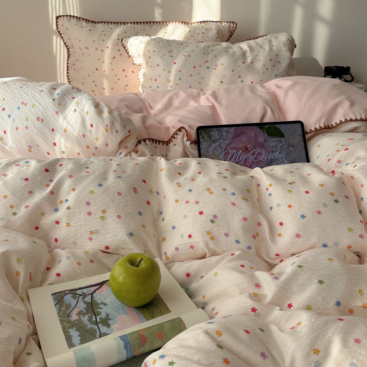 91家纺网 家纺一手货源 找家纺 （总）轻奢坊 2026新款三角针双层纱皱皱纱韩系清新风四件套