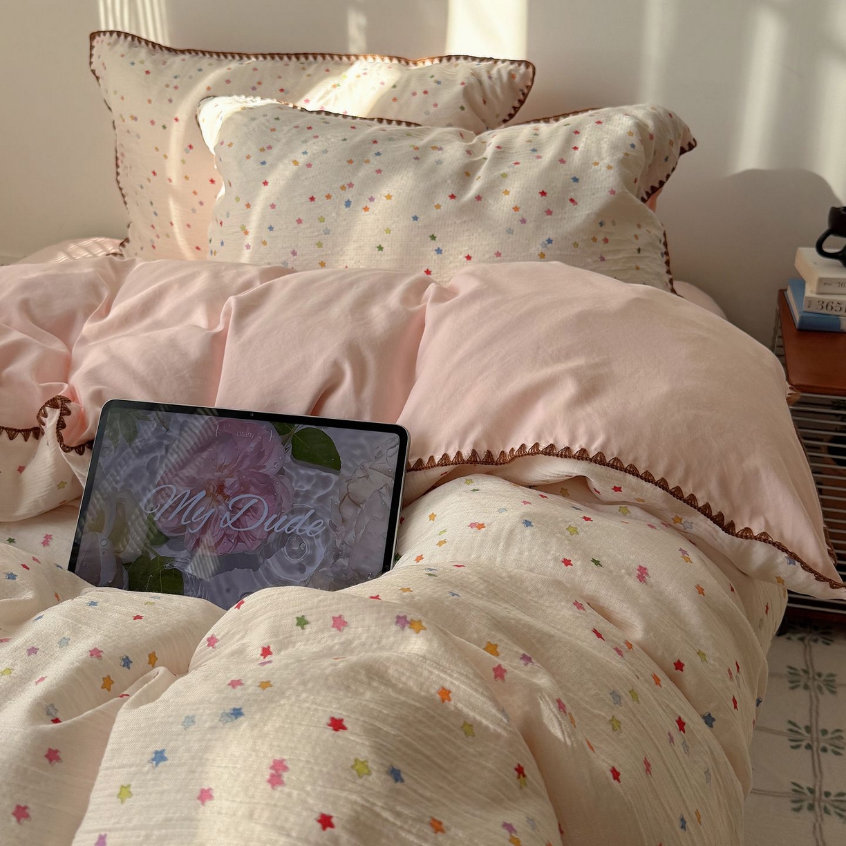 91家纺网 家纺一手货源 找家纺 （总）轻奢坊 2026新款三角针双层纱皱皱纱韩系清新风四件套