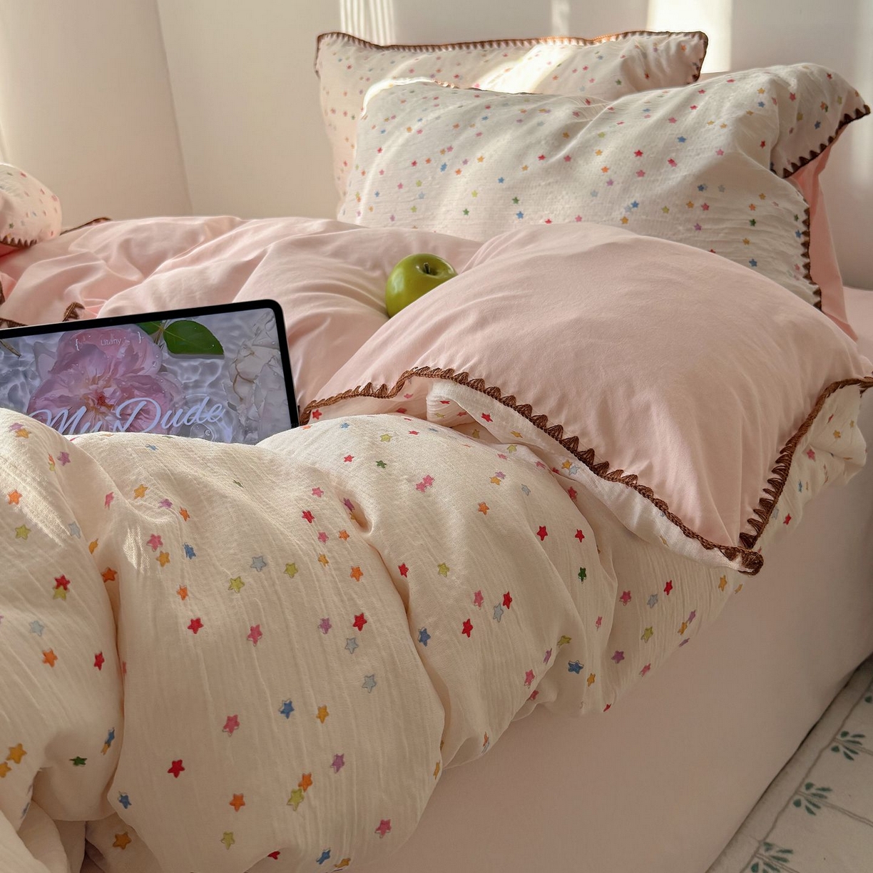 91家纺网 家纺一手货源 找家纺 （总）轻奢坊 2026新款三角针双层纱皱皱纱韩系清新风四件套