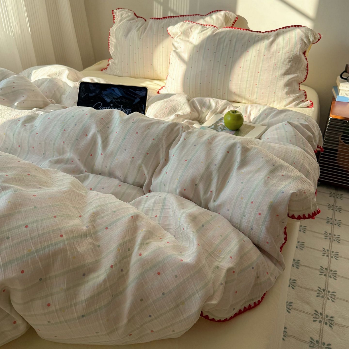 91家纺网 家纺一手货源 找家纺 （总）轻奢坊 2026新款三角针双层纱皱皱纱韩系清新风四件套