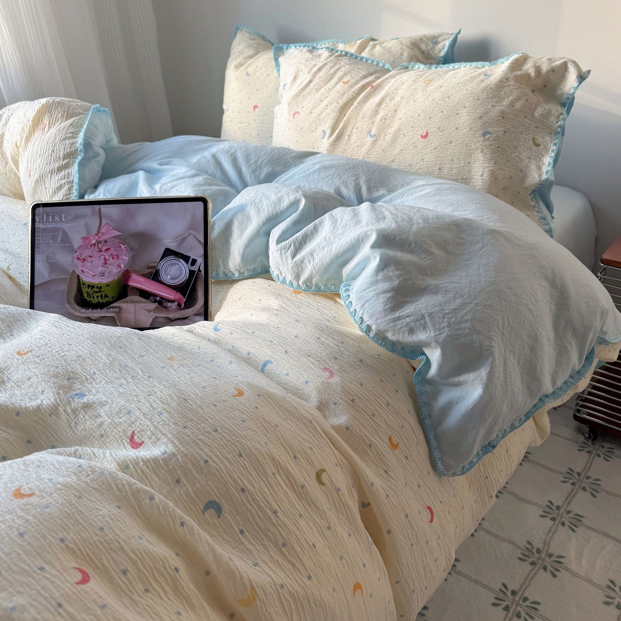 91家纺网 家纺一手货源 找家纺 （总）轻奢坊 2026新款三角针双层纱皱皱纱韩系清新风四件套