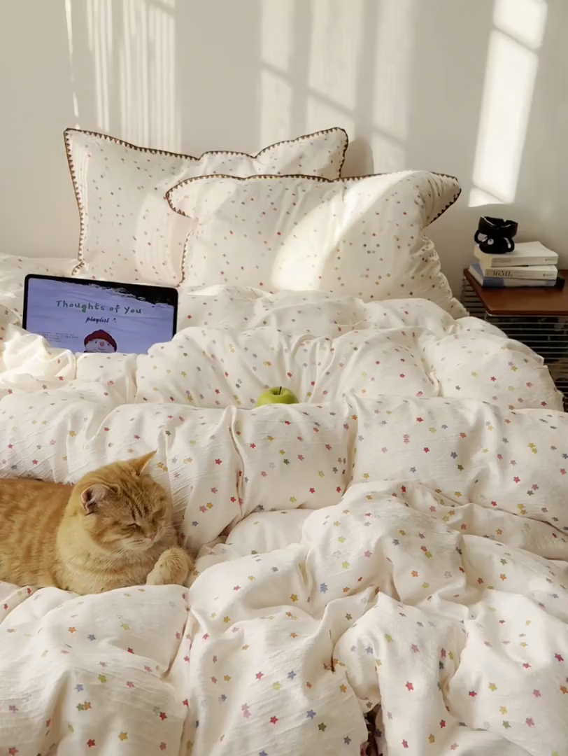 91家纺网 家纺一手货源 找家纺 轻奢坊 2026新款三角针双层纱皱皱纱韩系清新风四件套 三角针-幸运星星