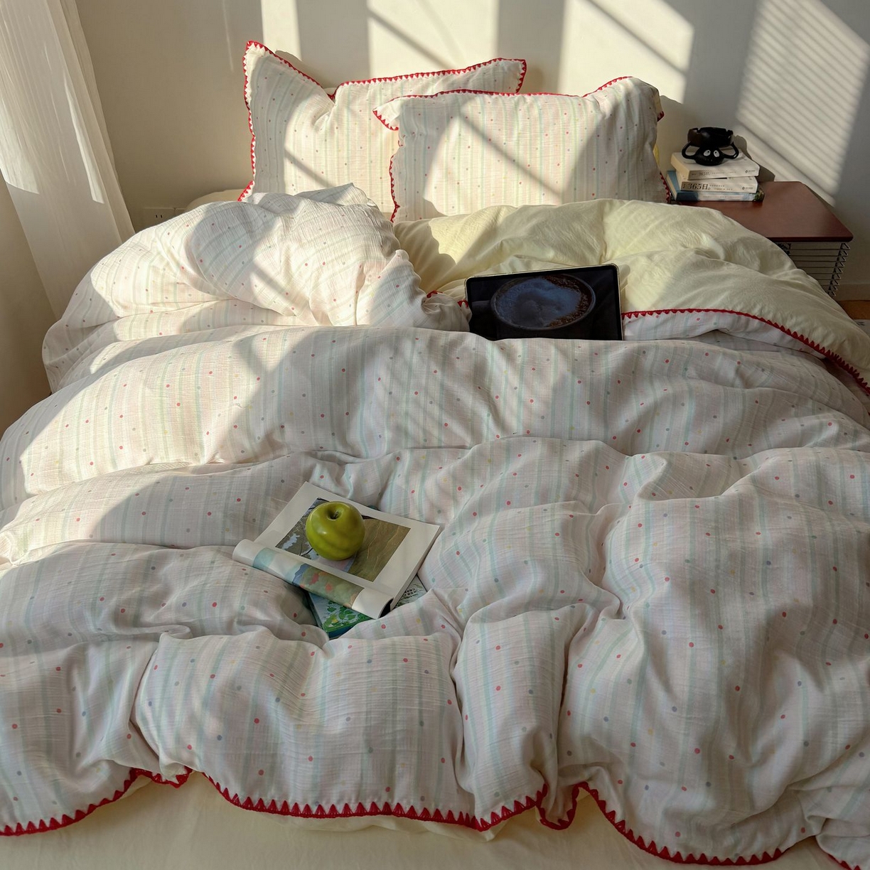 91家纺网 家纺一手货源 找家纺 轻奢坊 2026新款三角针双层纱皱皱纱韩系清新风四件套 三角针-彩虹点点