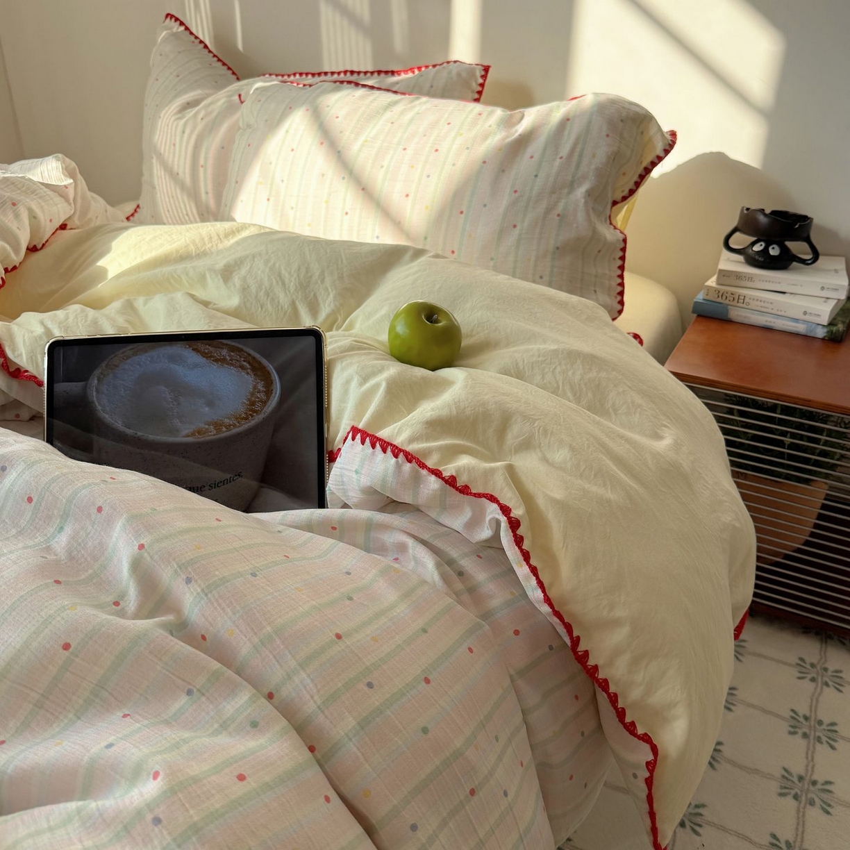 91家纺网 家纺一手货源 找家纺 轻奢坊 2026新款三角针双层纱皱皱纱韩系清新风四件套 三角针-彩虹点点