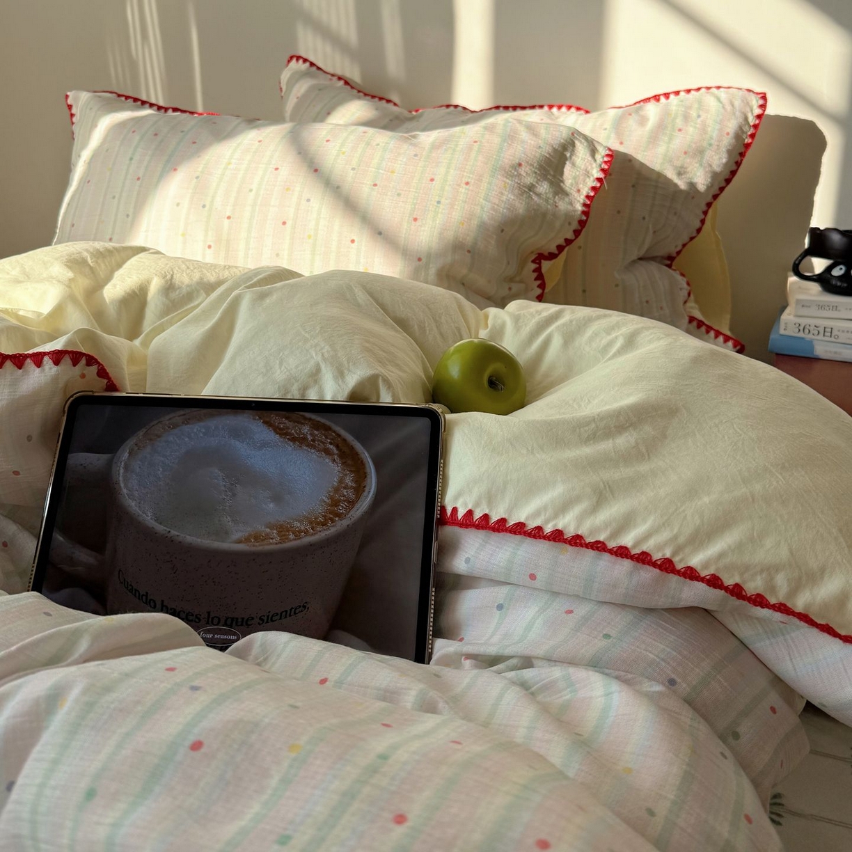 91家纺网 家纺一手货源 找家纺 轻奢坊 2026新款三角针双层纱皱皱纱韩系清新风四件套 三角针-彩虹点点