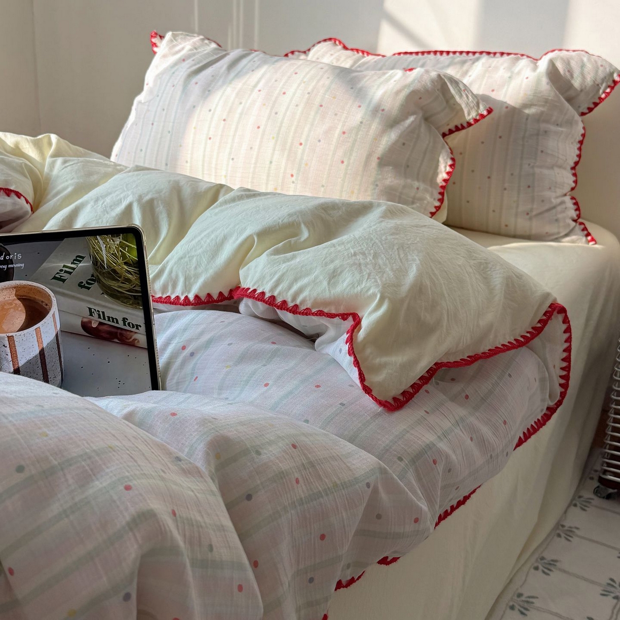 91家纺网 家纺一手货源 找家纺 轻奢坊 2026新款三角针双层纱皱皱纱韩系清新风四件套 三角针-彩虹点点