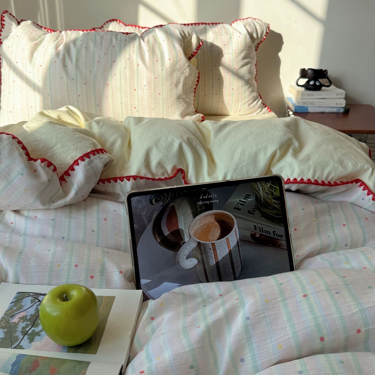 91家纺网 家纺一手货源 找家纺 轻奢坊 2026新款三角针双层纱皱皱纱韩系清新风四件套 三角针-彩虹点点