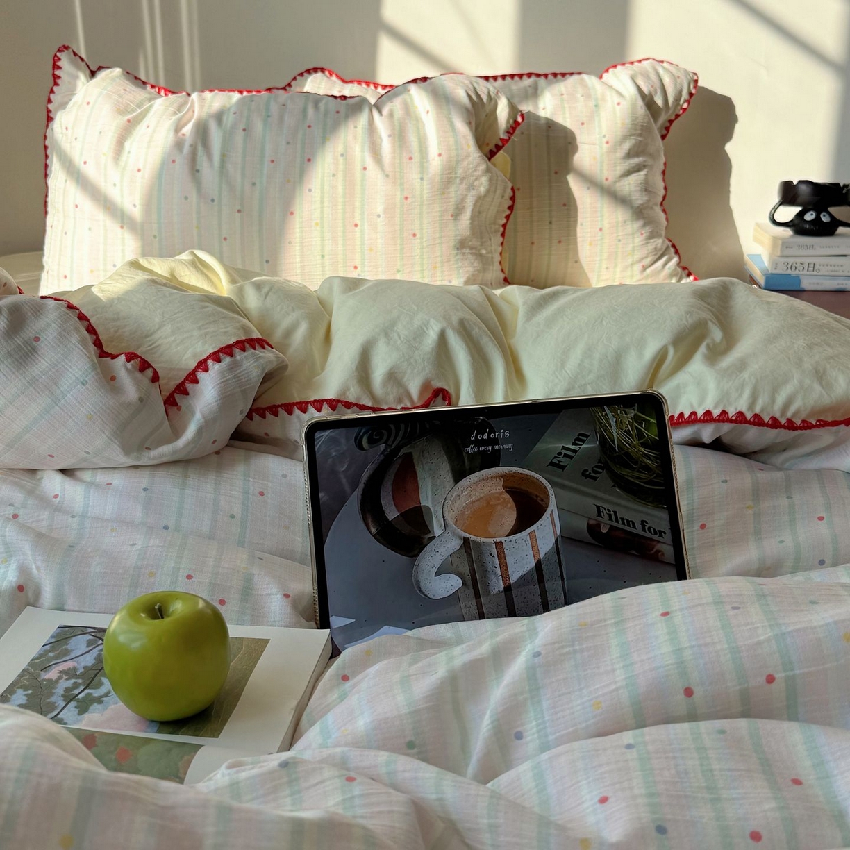 91家纺网 家纺一手货源 找家纺 轻奢坊 2026新款三角针双层纱皱皱纱韩系清新风四件套 三角针-彩虹点点