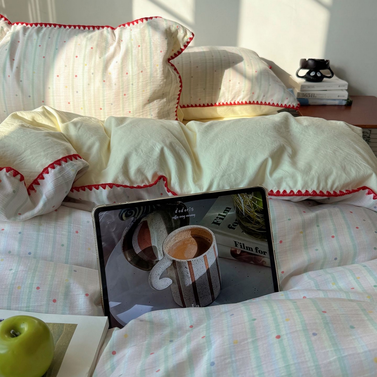 91家纺网 家纺一手货源 找家纺 轻奢坊 2026新款三角针双层纱皱皱纱韩系清新风四件套 三角针-彩虹点点