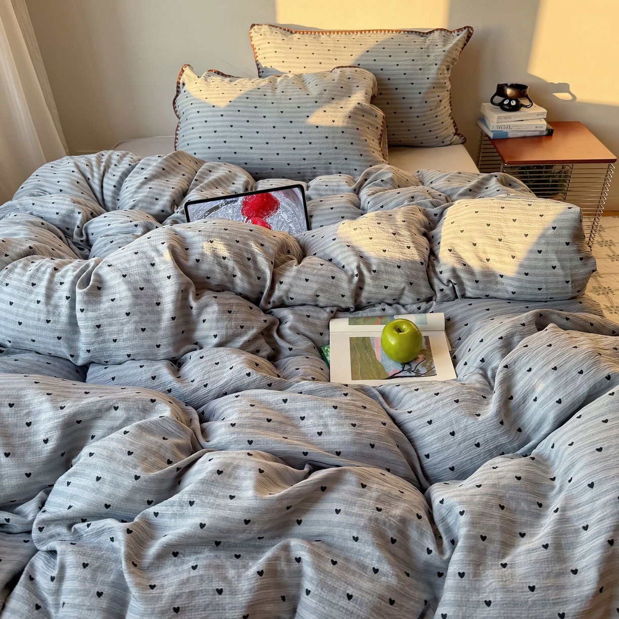 91家纺网 家纺一手货源 找家纺 轻奢坊 2026新款三角针双层纱皱皱纱韩系清新风四件套 三角针-可可心蓝