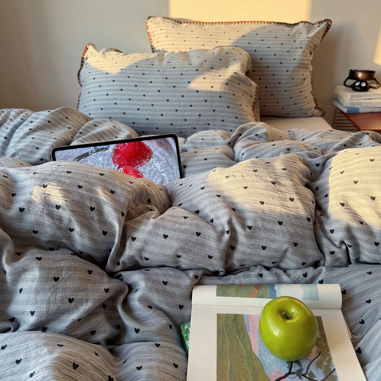 91家纺网 家纺一手货源 找家纺 轻奢坊 2026新款三角针双层纱皱皱纱韩系清新风四件套 三角针-可可心蓝