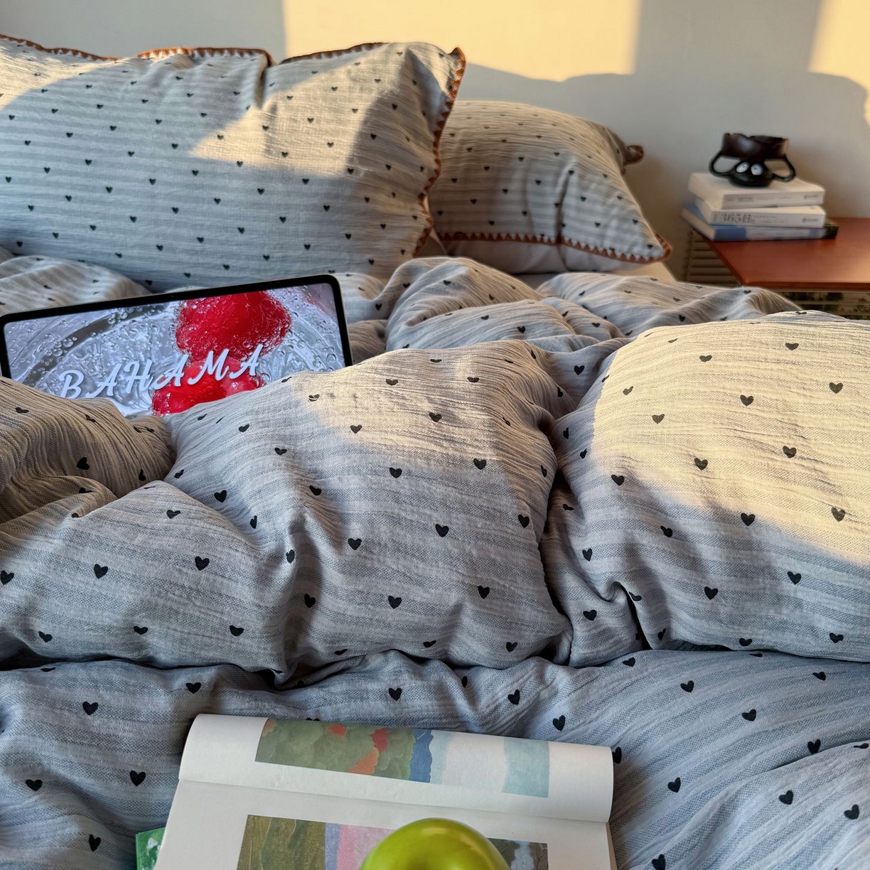 91家纺网 家纺一手货源 找家纺 轻奢坊 2026新款三角针双层纱皱皱纱韩系清新风四件套 三角针-可可心蓝