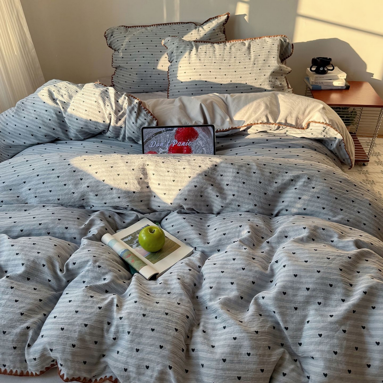 91家纺网 家纺一手货源 找家纺 轻奢坊 2026新款三角针双层纱皱皱纱韩系清新风四件套 三角针-可可心蓝