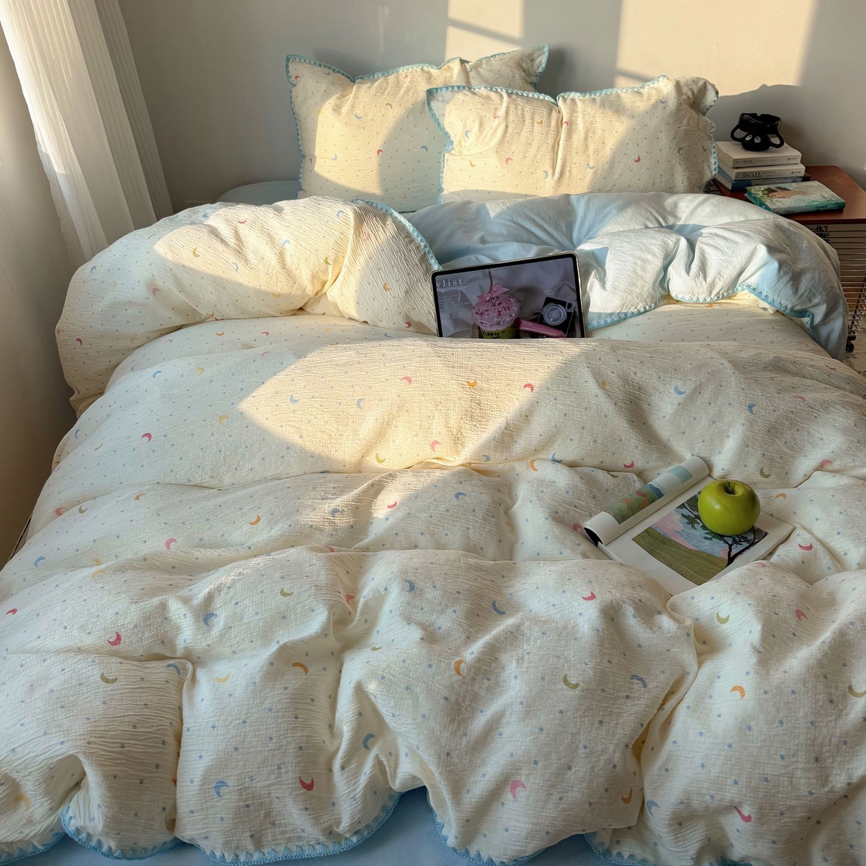 91家纺网 家纺一手货源 找家纺 轻奢坊 2026新款三角针双层纱皱皱纱韩系清新风四件套 三角针-星月天空