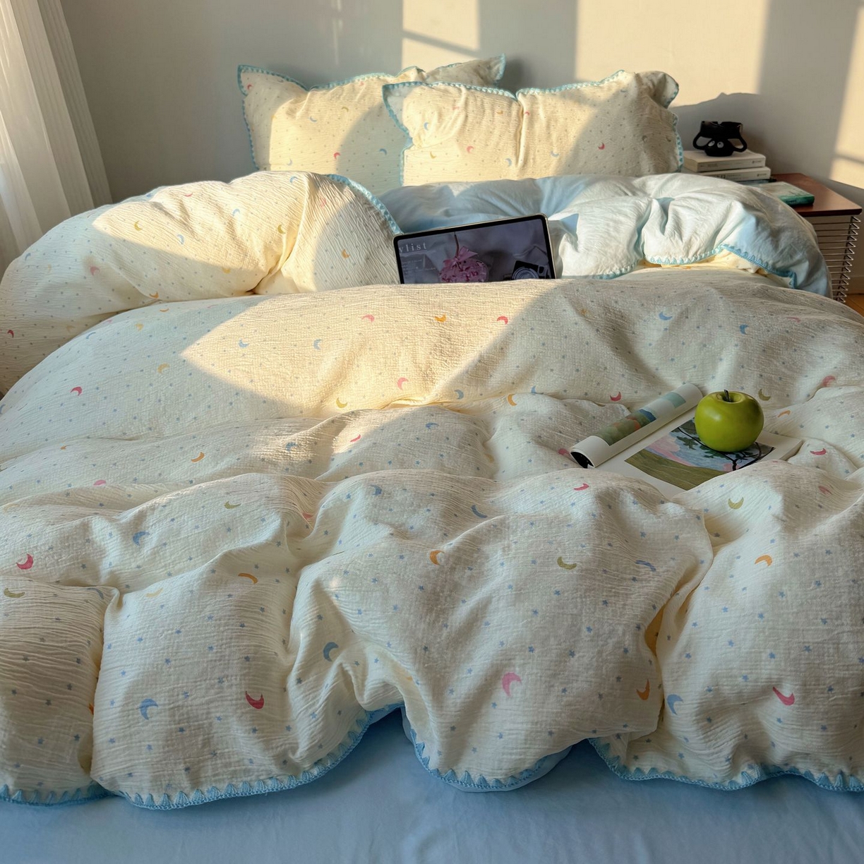 91家纺网 家纺一手货源 找家纺 轻奢坊 2026新款三角针双层纱皱皱纱韩系清新风四件套 三角针-星月天空