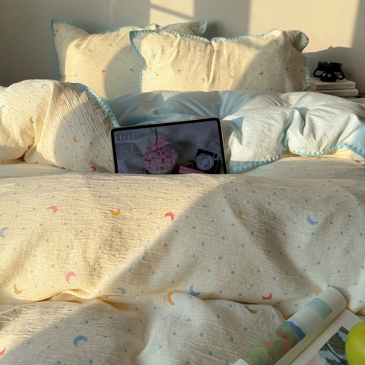 91家纺网 家纺一手货源 找家纺 轻奢坊 2026新款三角针双层纱皱皱纱韩系清新风四件套 三角针-星月天空