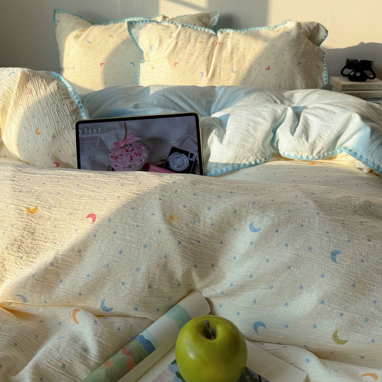 91家纺网 家纺一手货源 找家纺 轻奢坊 2026新款三角针双层纱皱皱纱韩系清新风四件套 三角针-星月天空