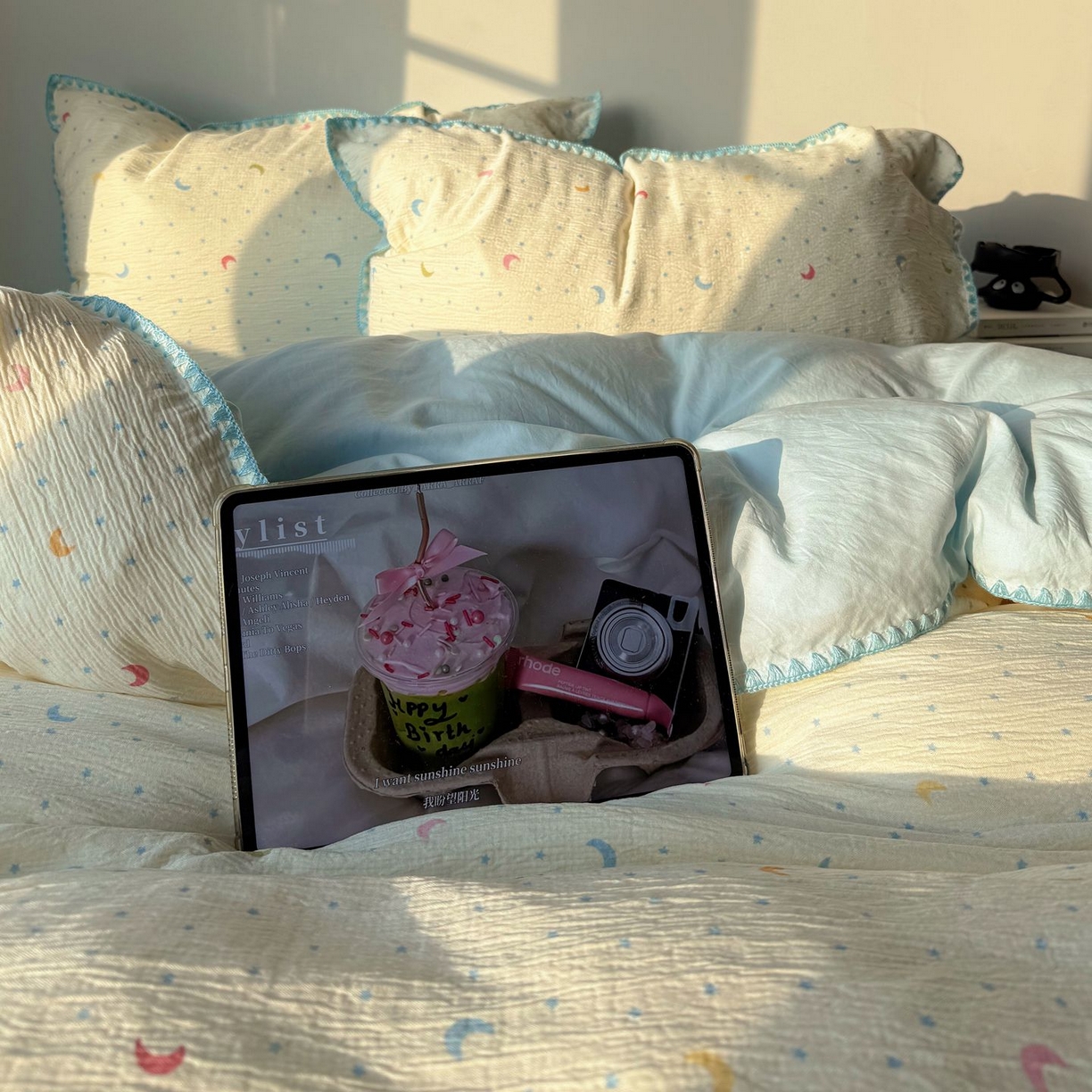 91家纺网 家纺一手货源 找家纺 轻奢坊 2026新款三角针双层纱皱皱纱韩系清新风四件套 三角针-星月天空