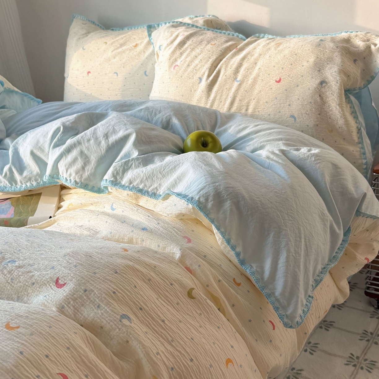 91家纺网 家纺一手货源 找家纺 轻奢坊 2026新款三角针双层纱皱皱纱韩系清新风四件套 三角针-星月天空