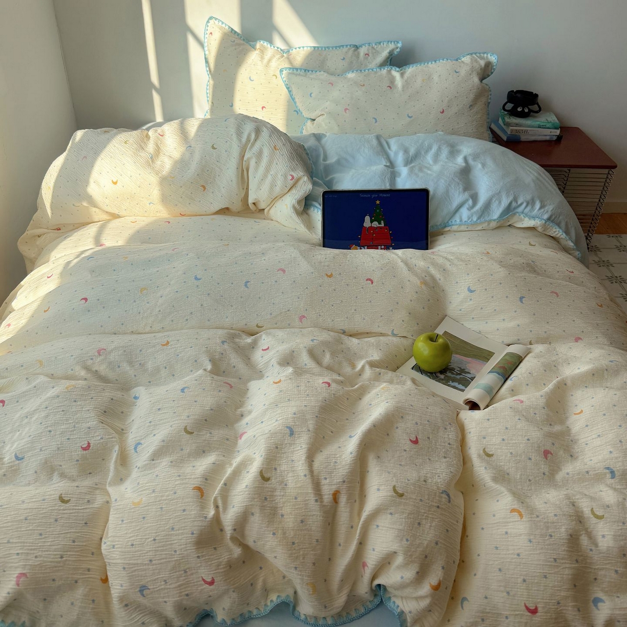 91家纺网 家纺一手货源 找家纺 轻奢坊 2026新款三角针双层纱皱皱纱韩系清新风四件套 三角针-星月天空