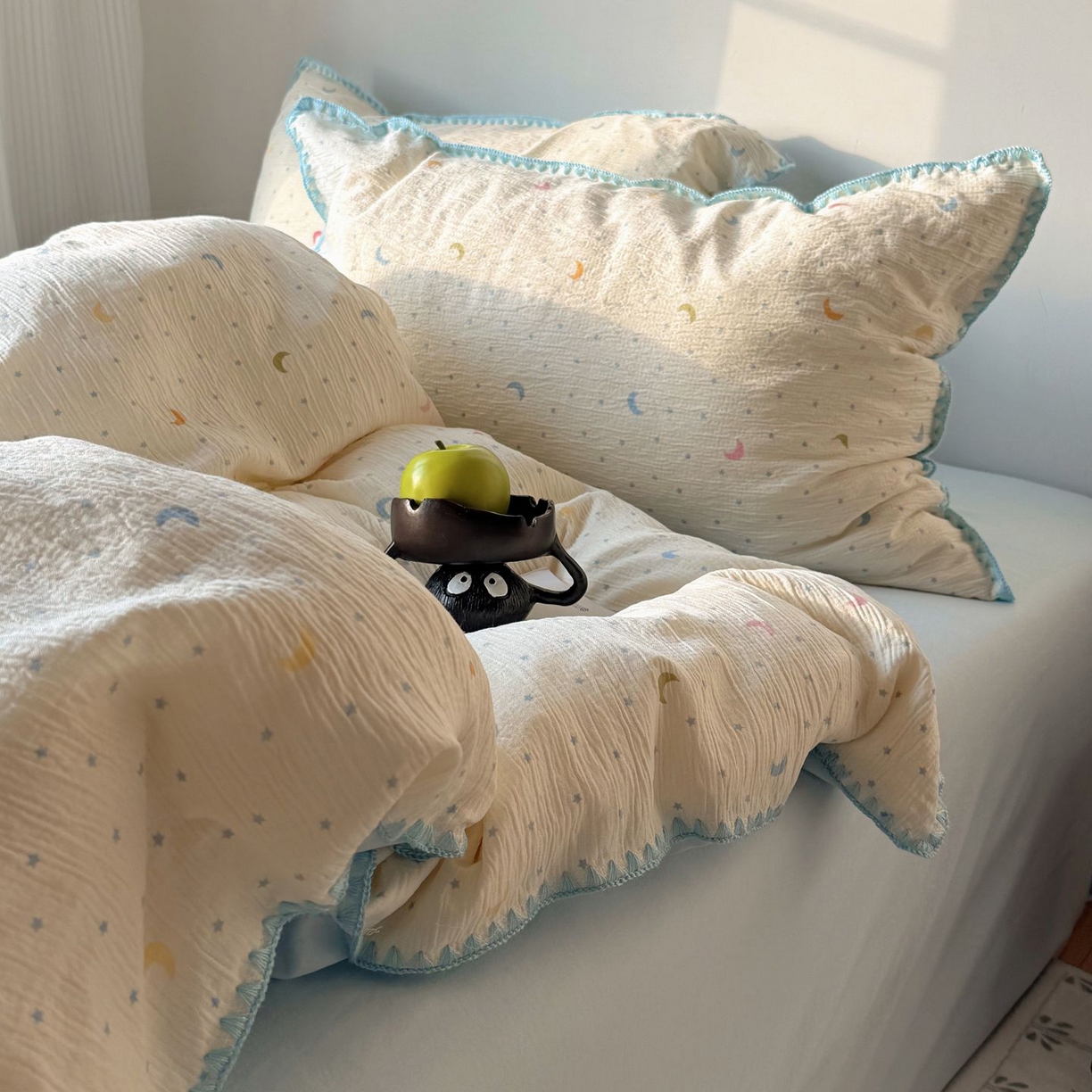 91家纺网 家纺一手货源 找家纺 轻奢坊 2026新款三角针双层纱皱皱纱韩系清新风四件套 三角针-星月天空