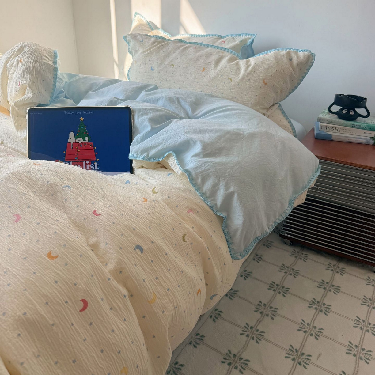 91家纺网 家纺一手货源 找家纺 轻奢坊 2026新款三角针双层纱皱皱纱韩系清新风四件套 三角针-星月天空