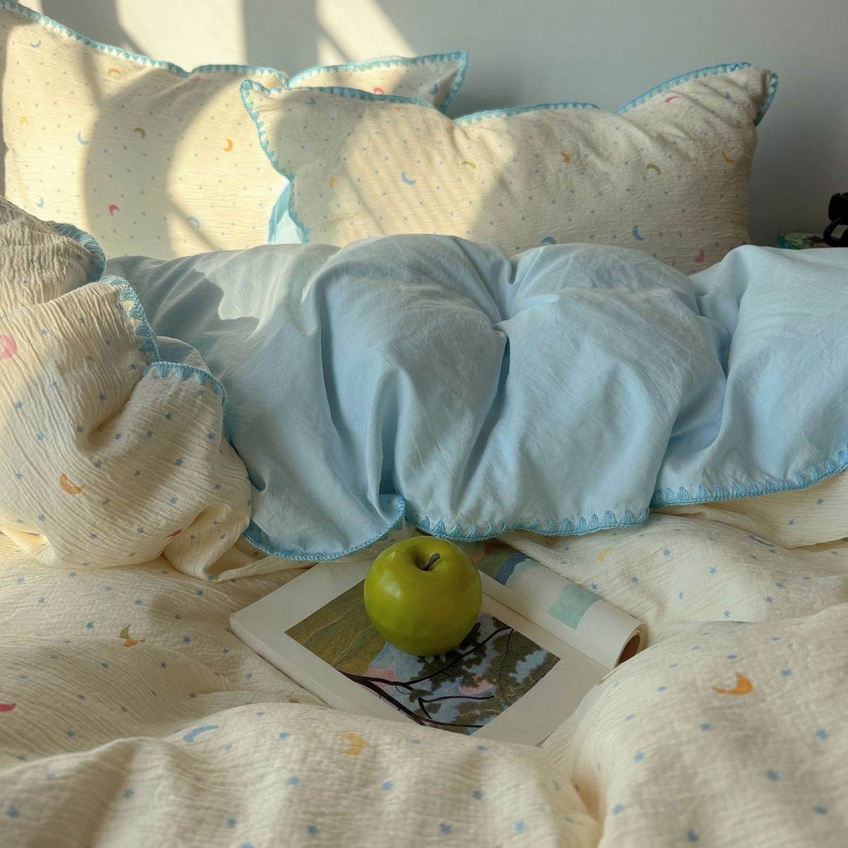 91家纺网 家纺一手货源 找家纺 轻奢坊 2026新款三角针双层纱皱皱纱韩系清新风四件套 三角针-星月天空